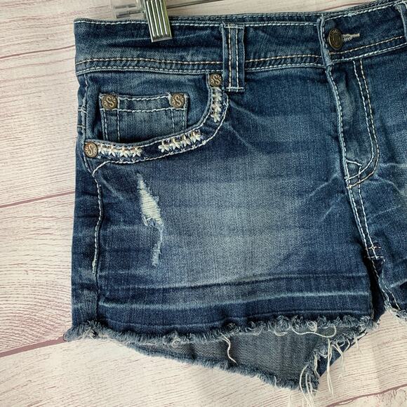 Shyanne Distressed Denim Jean Shorts Cutoffs Embroidered Jewel Detail Size 30 - Picture 2 of 16